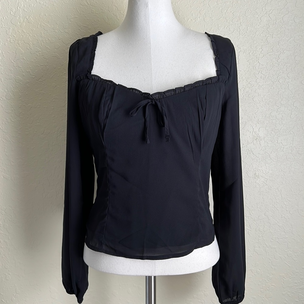 Black Long-Sleeve Square Neck Blouse